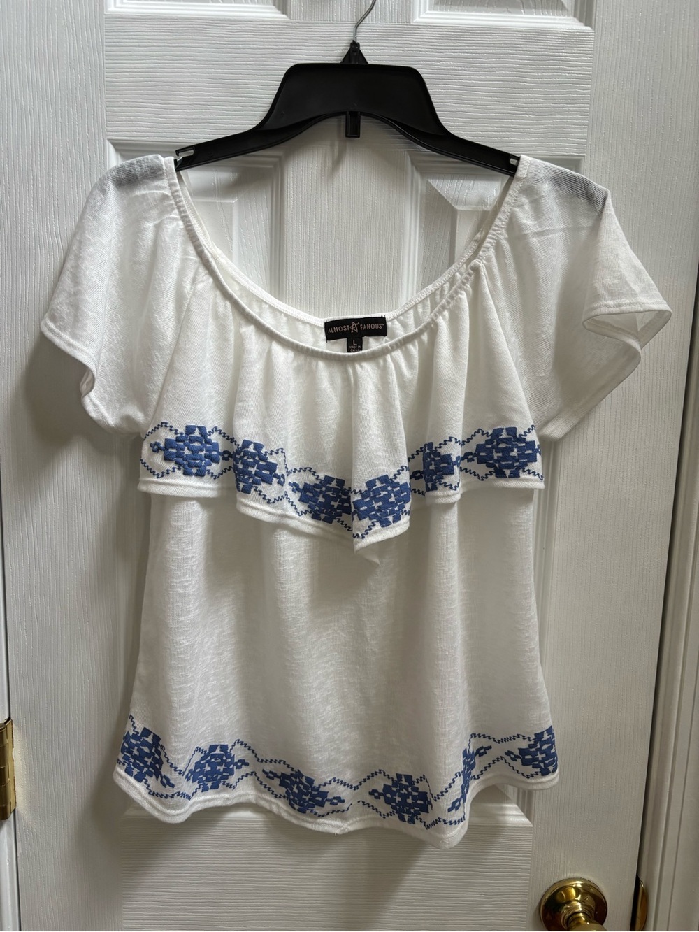Almost Famous White Off-Shoulder Top with Blue Pattern Detail, Size L, EUC